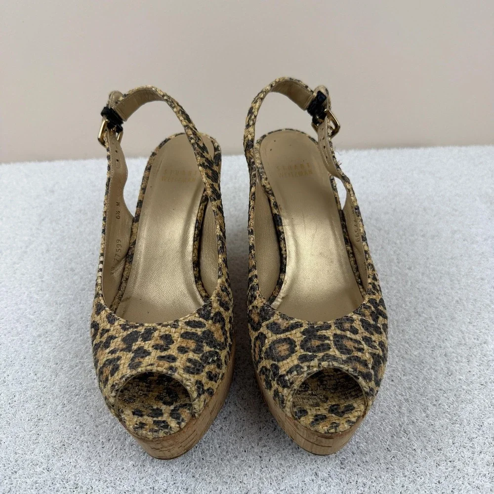 Stuart Weitzman Leopard Wedge Sandals‎ Womens Size 6.5 M Slingback Peep Toe Cork - Picture 2 of 8